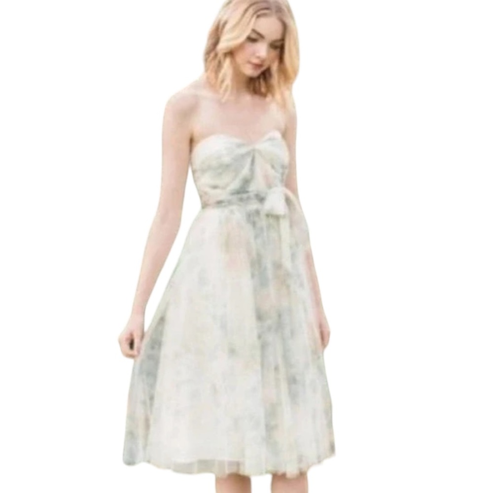Jenny‎ Yoo Ivory Sage Maia Printed Tulle Sweetheart Strapless Dress Women Medium